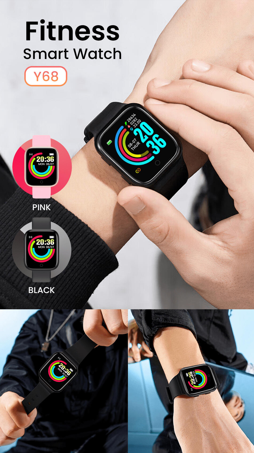 2 colors available for Y68 Smartwatch; rose gold pink and black